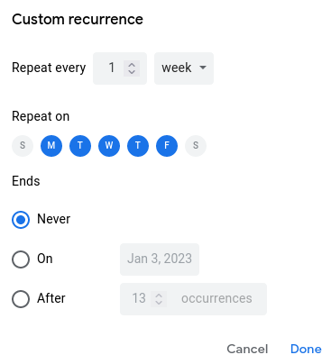 Google calendar custom repeat