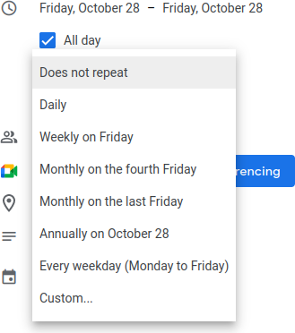 Google calendar repeat options