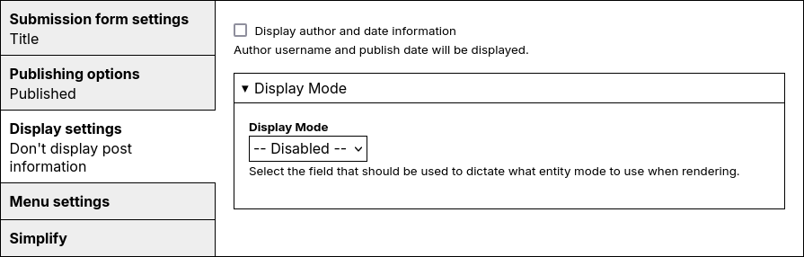 Entity Display Mode display settings configuration